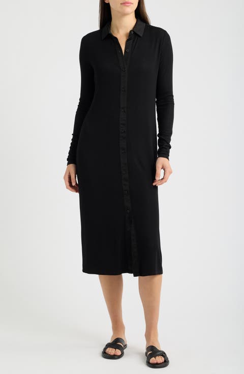 Front Button Long Sleeve Rib Midi Dress