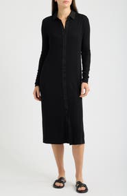 Cloth & Stone Front Button Long Sleeve Rib Midi Dress