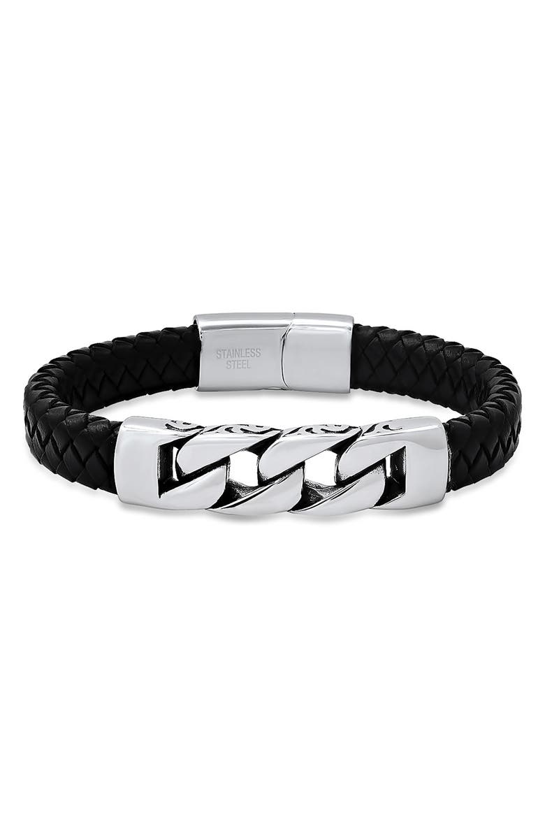 HMY JEWELRY Chunky Curb Link Braided Leather Bracelet, Main, color, Silver/ Black