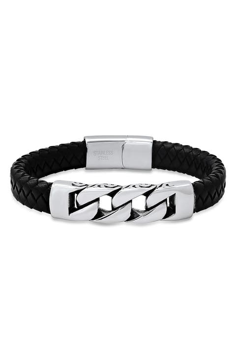 Chunky Curb Link Braided Leather Bracelet