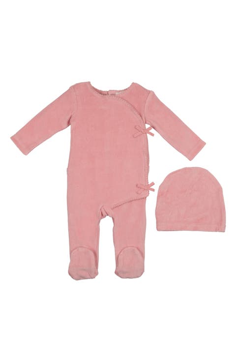 Wrap Front Cotton Blend Velour Footie & Beanie Set (Baby)