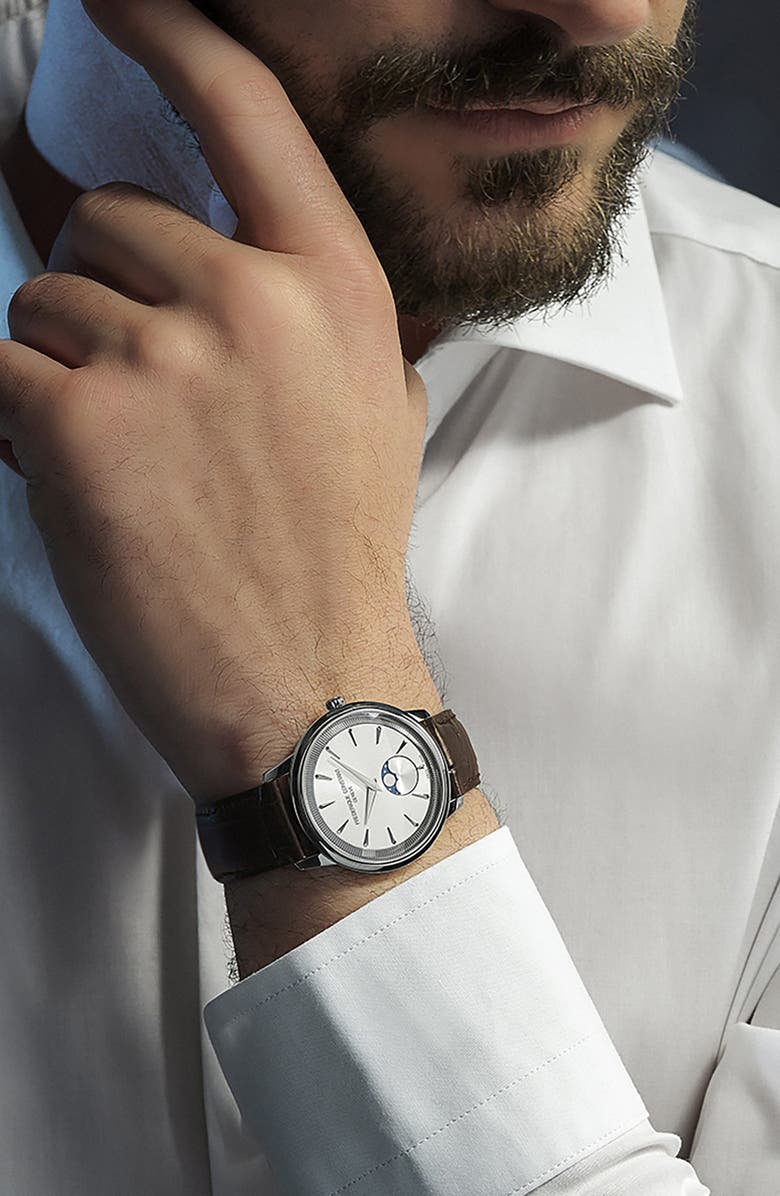 FREDERIQUE CONSTANT Classics Moneta Moon Phase Leather Strap Watch, 37mm, Alternate, color, Silver-Tone