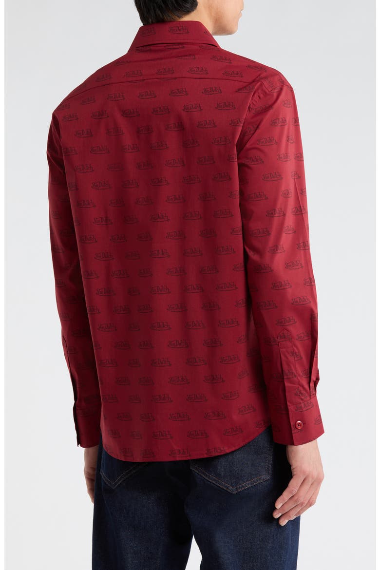 Logo Print Button-Up Shirt, Alternate, color, WINE BURGUNDY