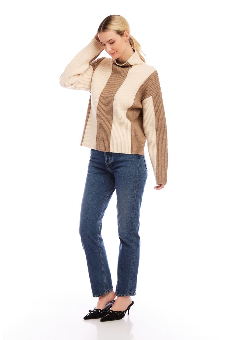 Amerie Stripe Funnel Neck Rib Sweater, Alternate, color, SAND AND WHEAT
