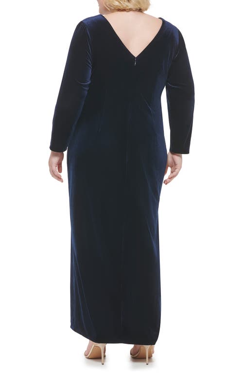 Eliza J Long Sleeve Faux Wrap Velvet Gown In Blue