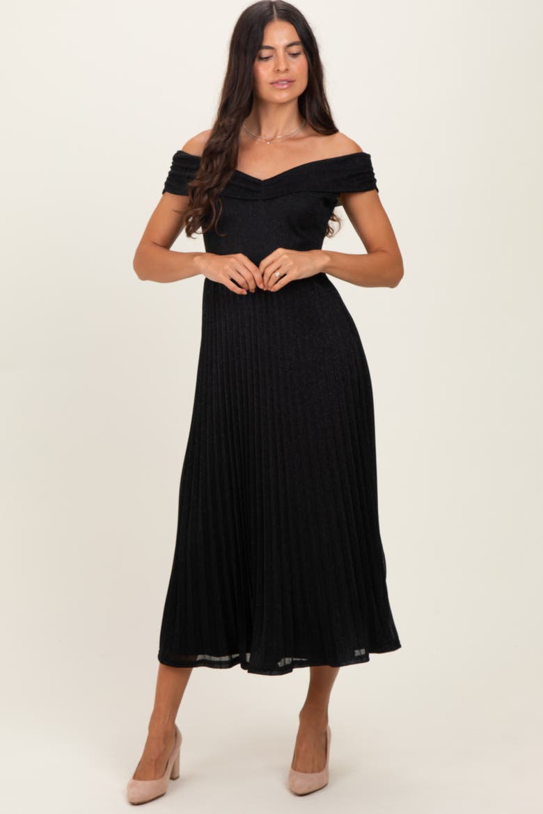 Shimmer Off Shoulder Pleated Midi Dress, Alternate, color, Black