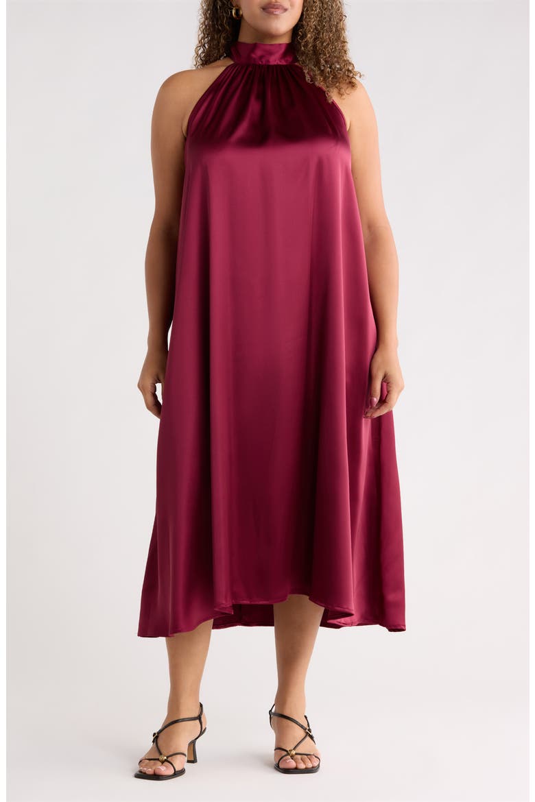 Satin Tie Neck Midi Dress, Main, color, BURGUNDY