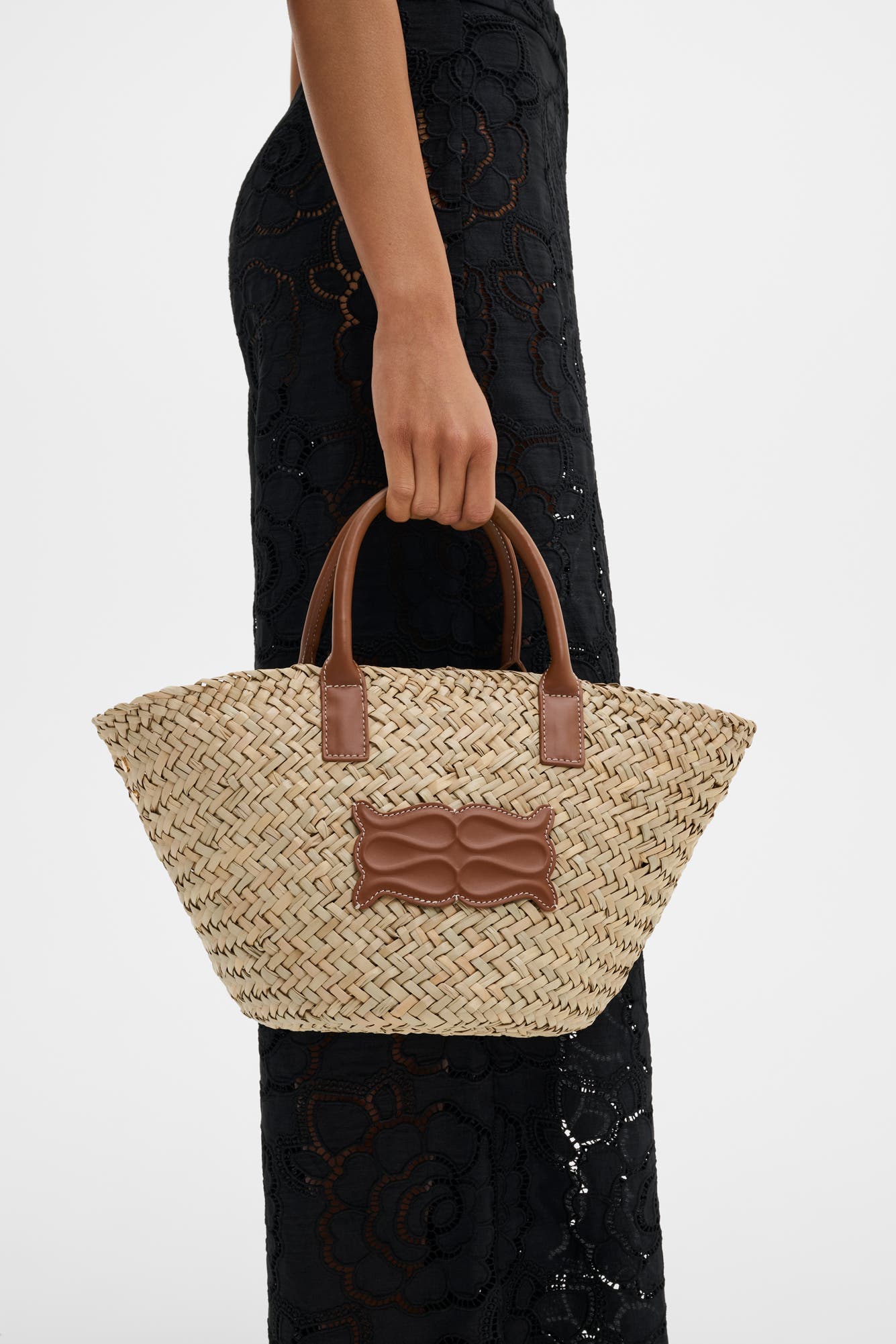 Small Leather Trimmed Straw Tote, Alternate, color, Cognac
