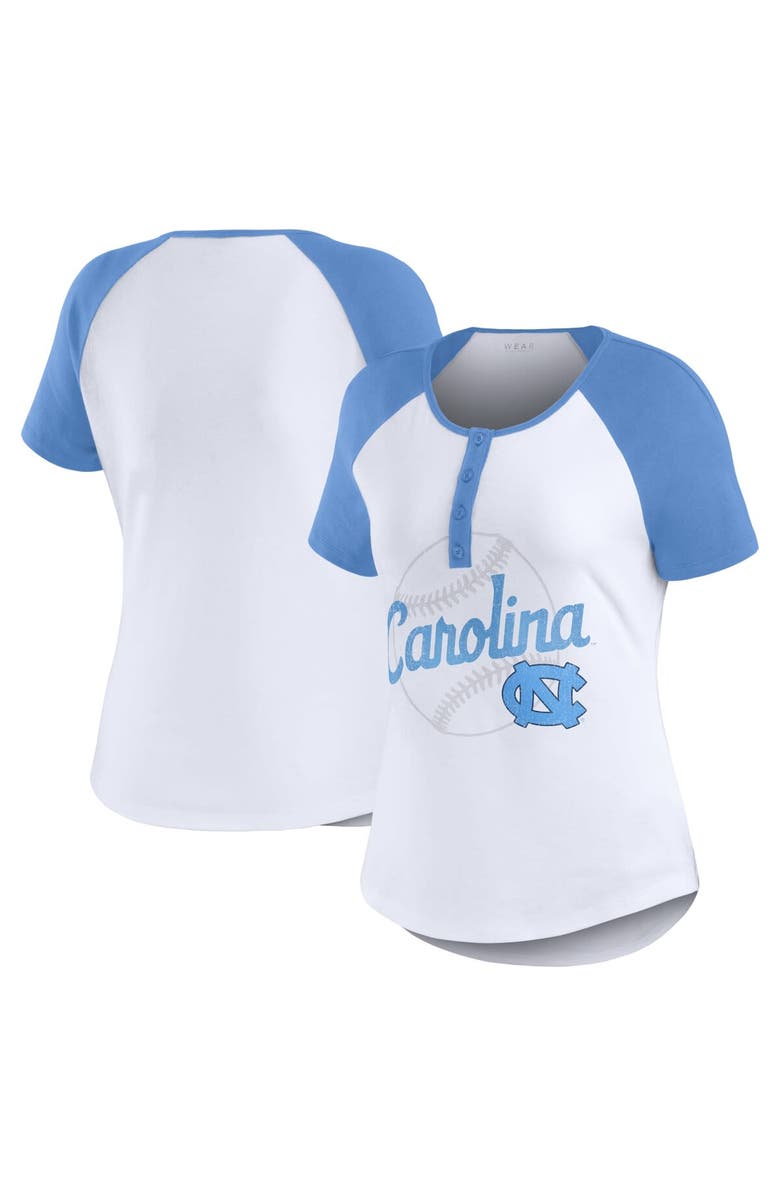 WEAR by Erin Andrews Women's WEAR by Erin Andrews White North Carolina Tar Heels Baseball Logo Raglan Henley T-Shirt, Main, color, White
