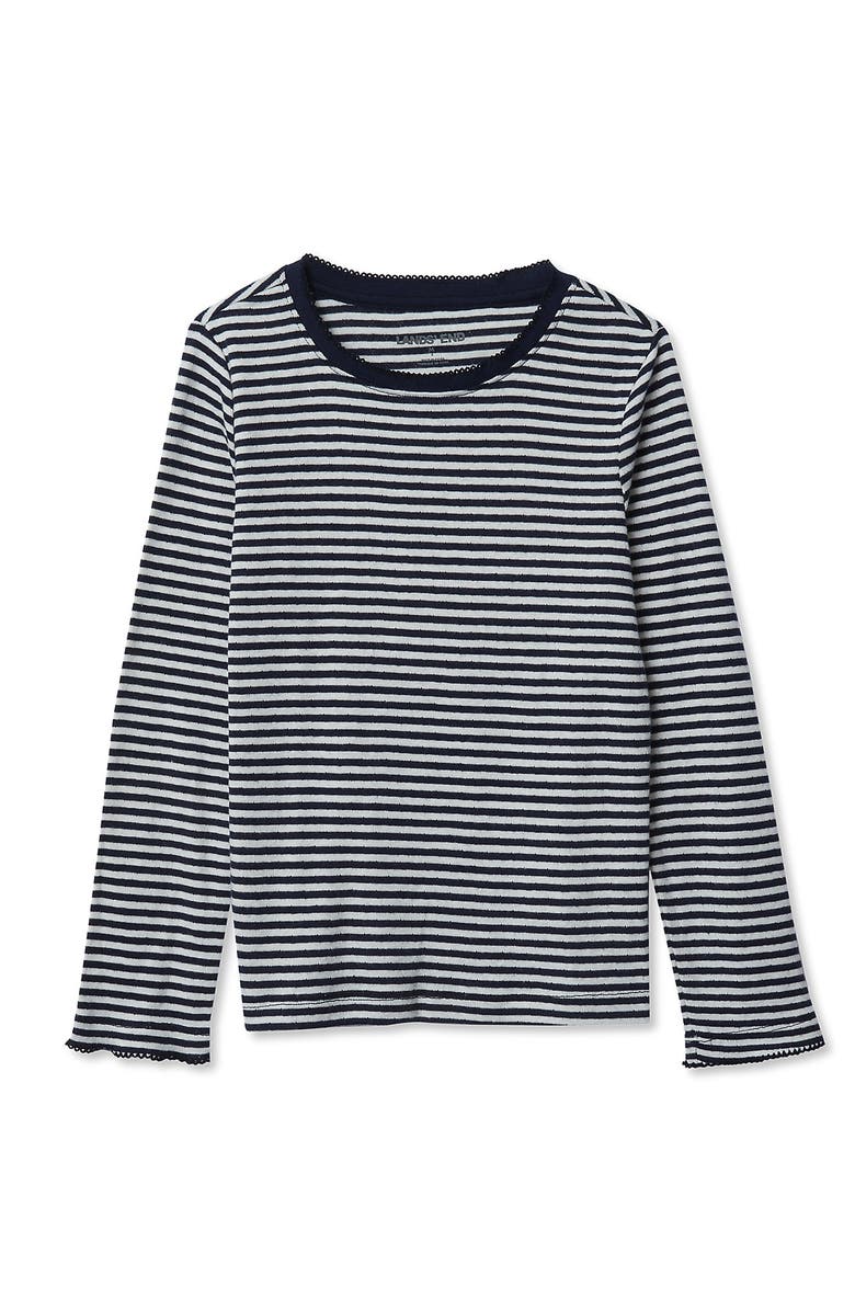 Lands' End Girls Long Sleeve Pointelle Knit Shirt, Main, color, Navy/Cream Ditsy Stripe