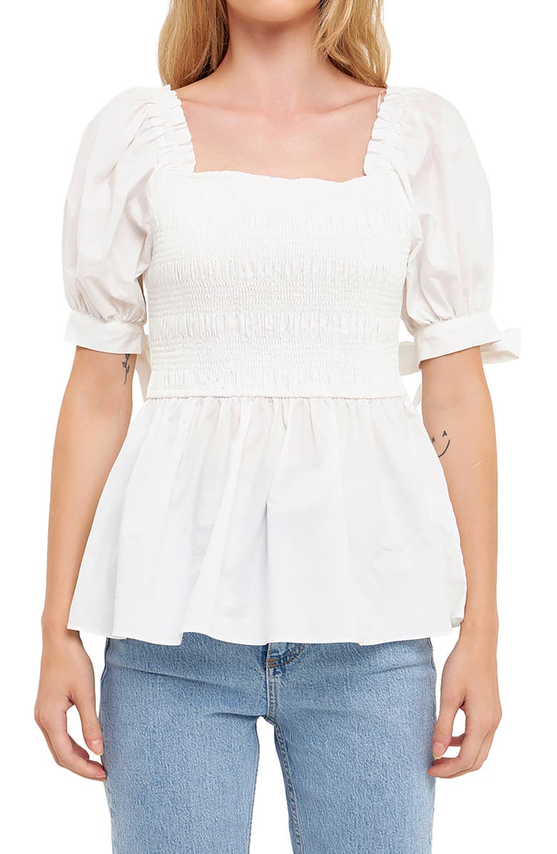 English Factory Smocked Tie Cuff Peplum Top, Alternate, color, Ivory