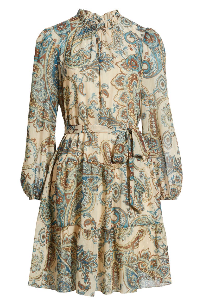 Long Sleeve Babydoll Dress, Alternate, color, TAN MULTI