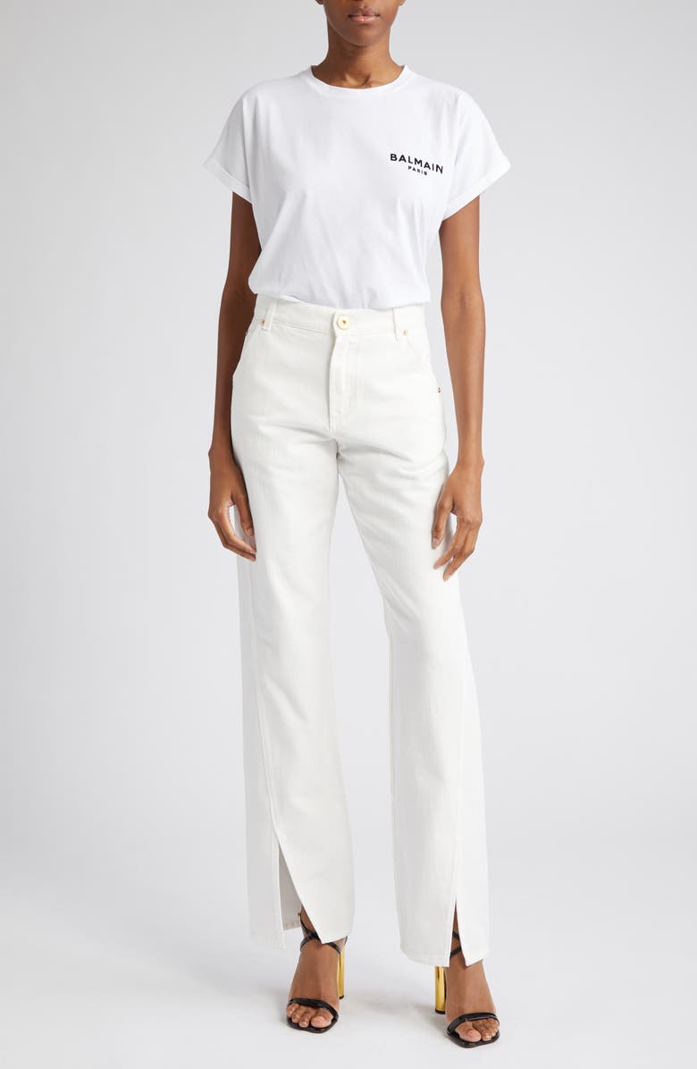 Balmain Slit Front Straight Leg Nonstretch Jeans, Alternate, color, 
