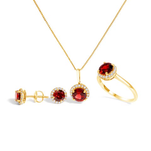 10K Gold Gemstone and 3/8 Cttw Diamond Halo Jewelry Set (Earrings, Pendant & Ring)