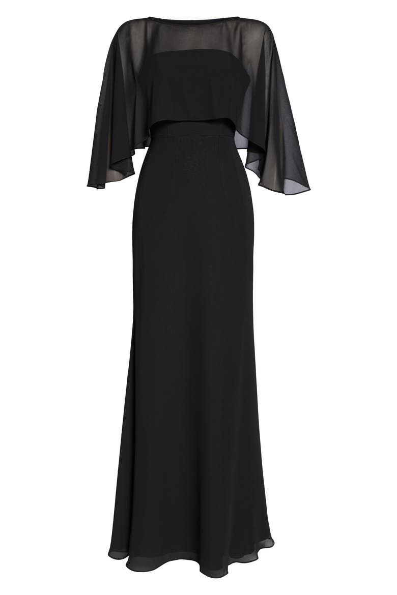 Strapless Chiffon Evening Dress with Cape, Alternate, color, BLACK