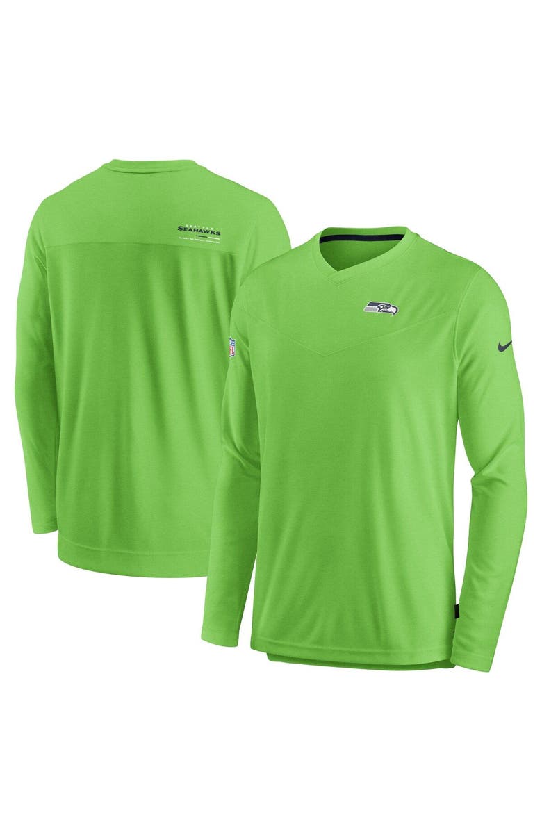Nike Men's Nike Neon Green Seattle Seahawks Sideline Coach Chevron Lock Up Long Sleeve V-Neck Performance T-Shirt, Main, color, 