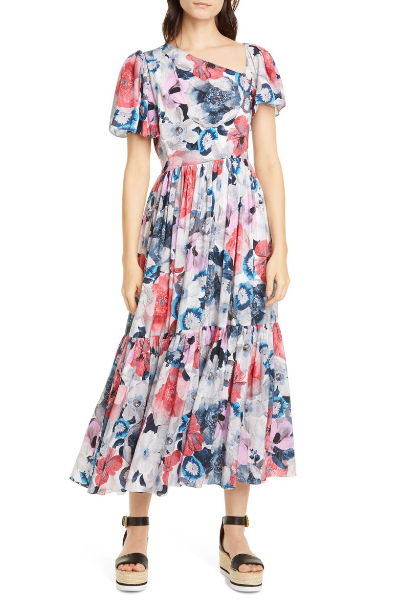 Erdem Floral Print Asymmetrical Neck Silk Midi Dress, Main, color, 