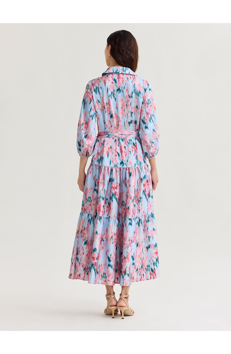 Misook Printed Floral Crepe de Chine Tiered Maxi Dress, Alternate, color, Pink/Blue/Biscotti/Black