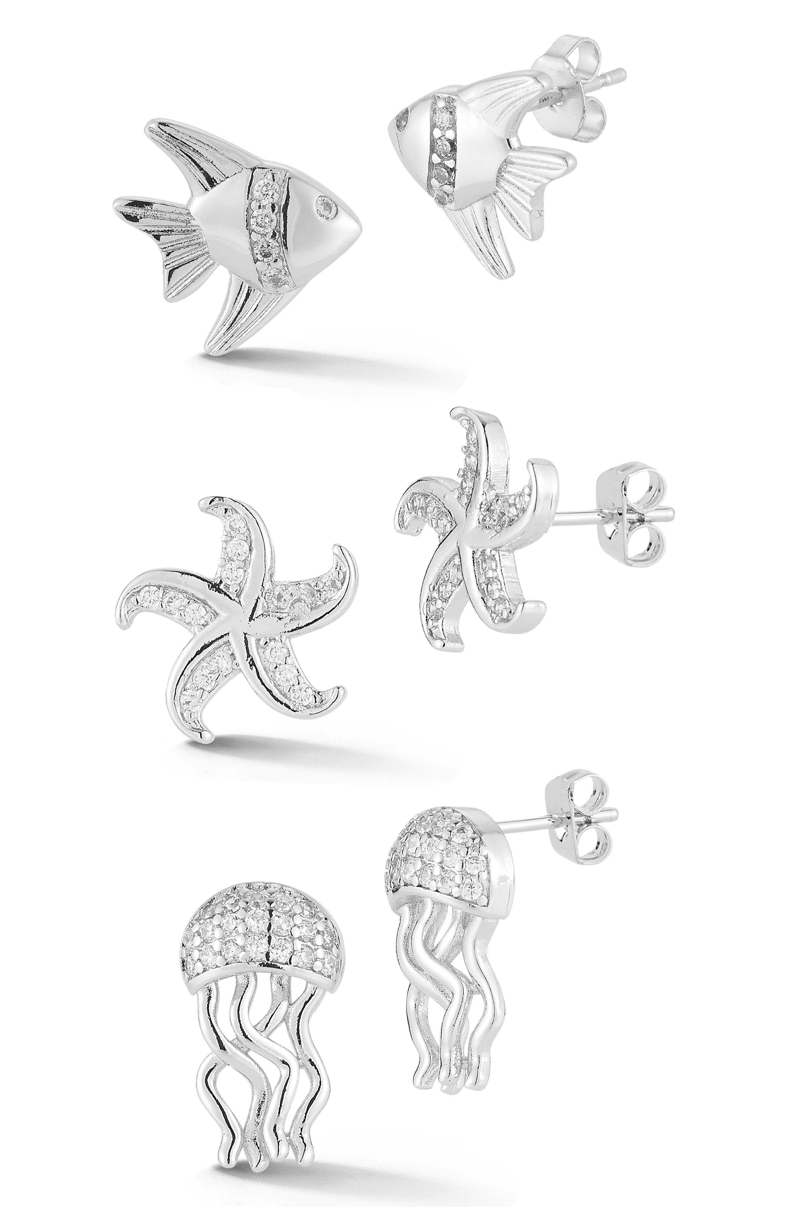 Set of 3 Cubic Zirconia Sea Life Stud Earrings