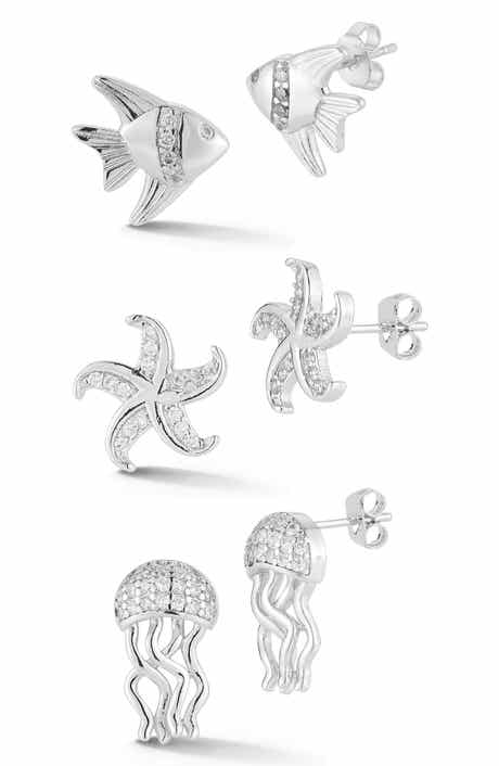 Set of 3 Cubic Zirconia Sea Life Stud Earrings