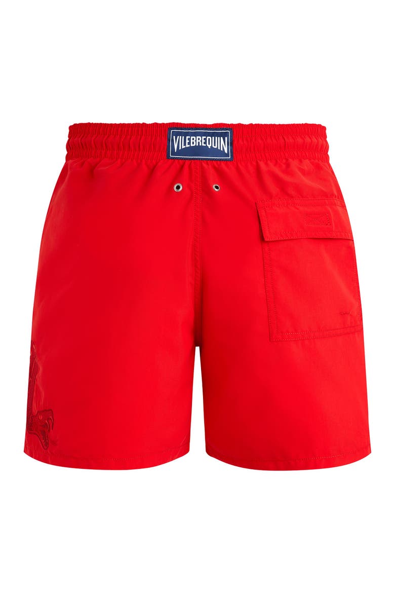 Men's Snake Embroidered Swim Shorts, Alternate, color, COQUELICOT