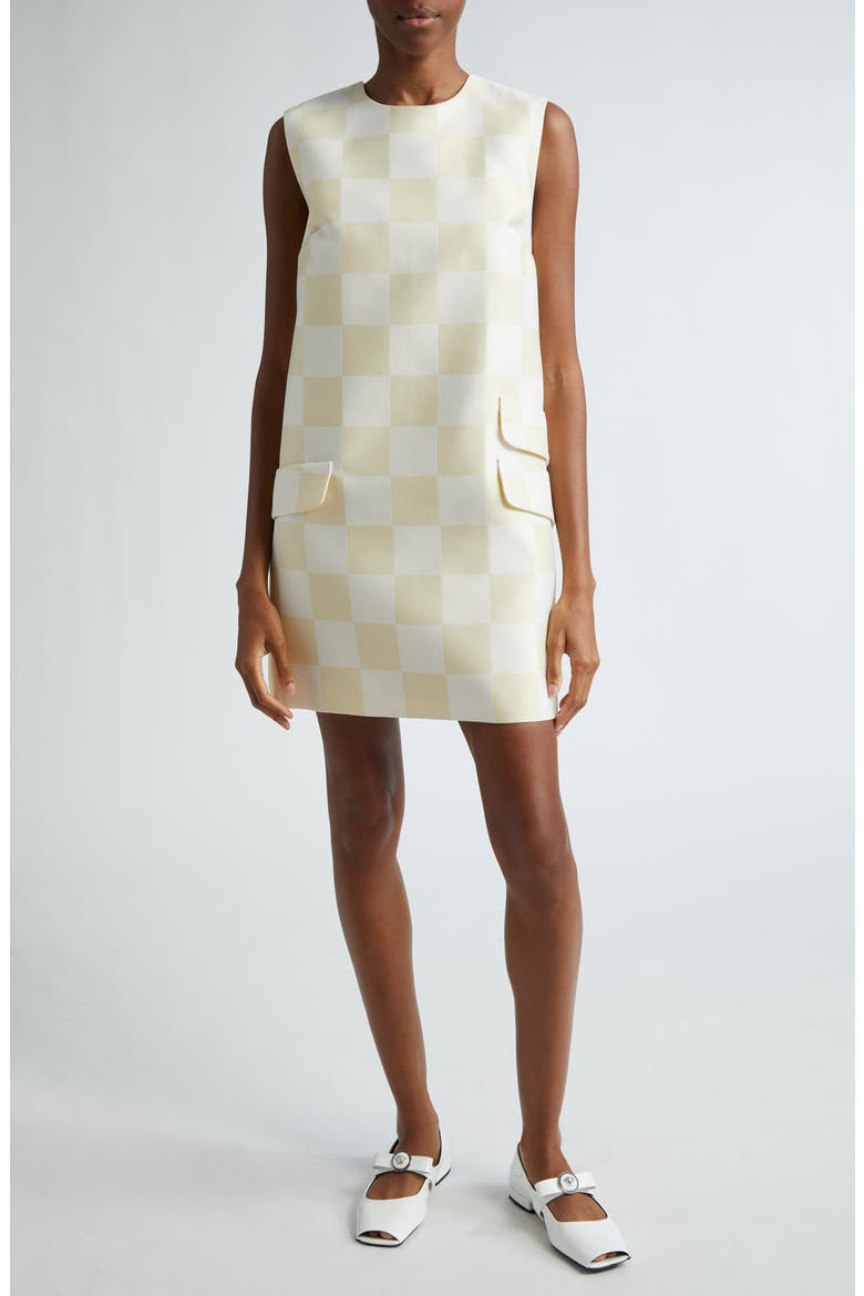 Check Duchesse Satin Shift Minidress, Main, color, LIGHT SAND