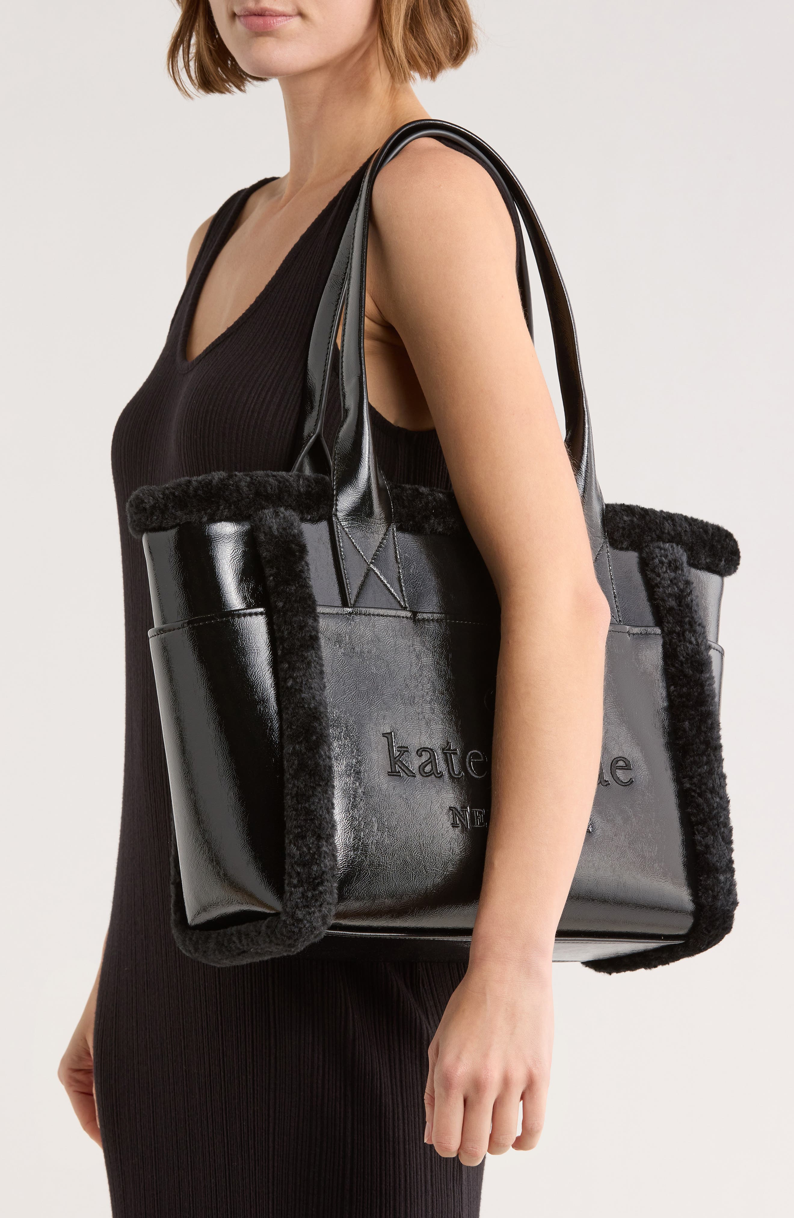 Kate Spade New York jett faux shearling trim tote bag, Alternate, color, 