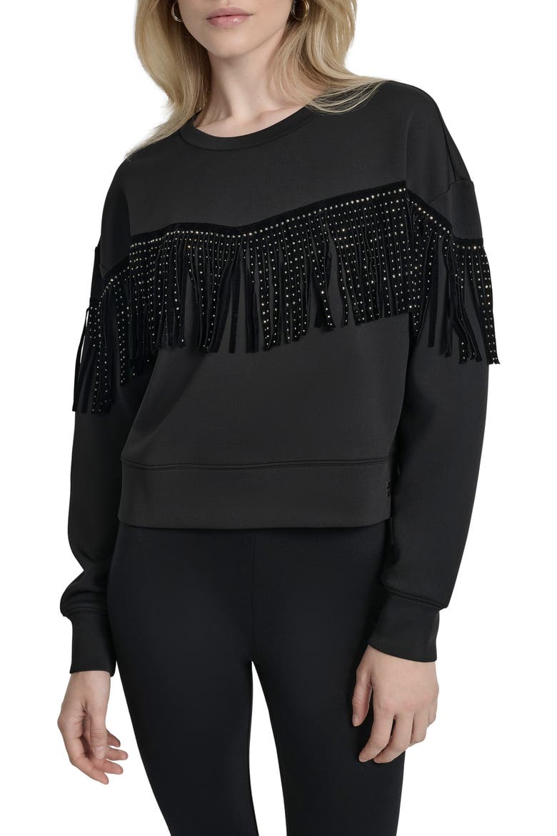 Stud Fringe Pullover, Main, color, BLACK