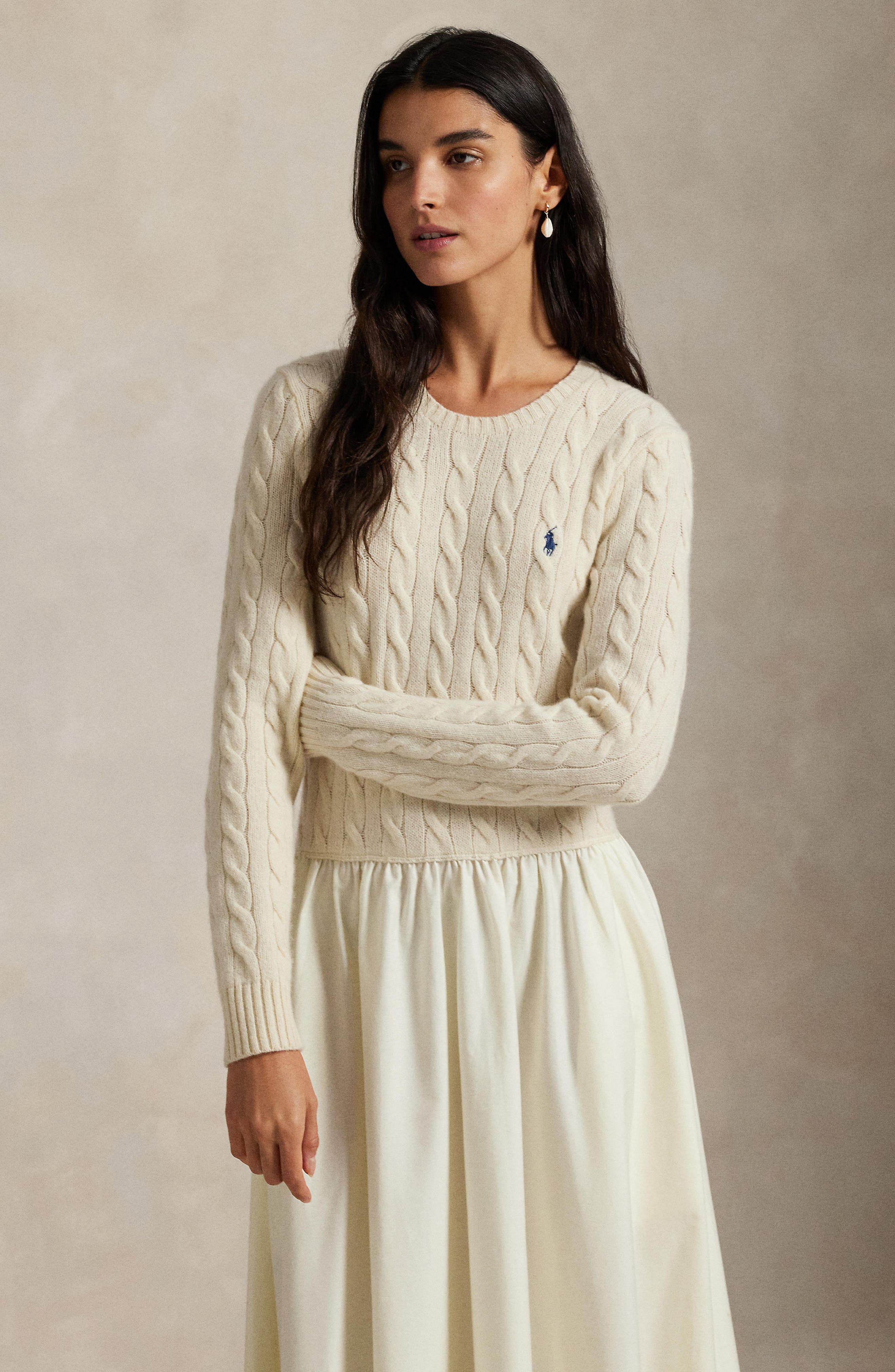 lace up cable knit mixed media off shoulder dress Polo Ralph Lauren Stitch Long Sleeve Maxi (Women) Material:Elastane