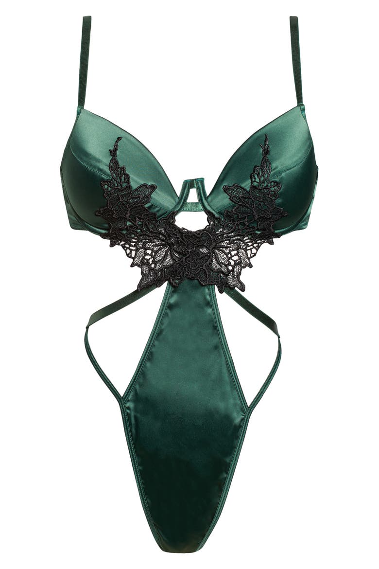 Jeri Satin & Lace Underwire Teddy, Alternate, color, HUNTER GREEN/ BLACK