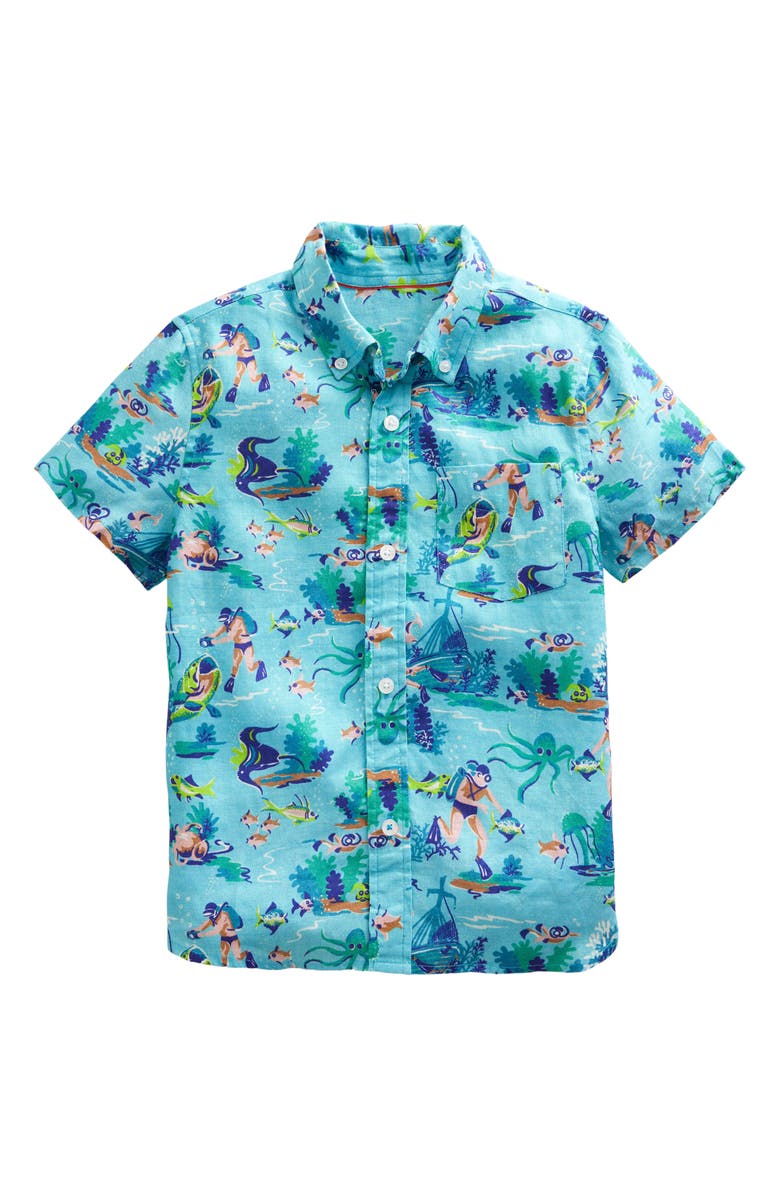 Mini Boden Kids' Aquatic Print Short Sleeve Linen & Cotton Button-Down Shirt, Main, color,