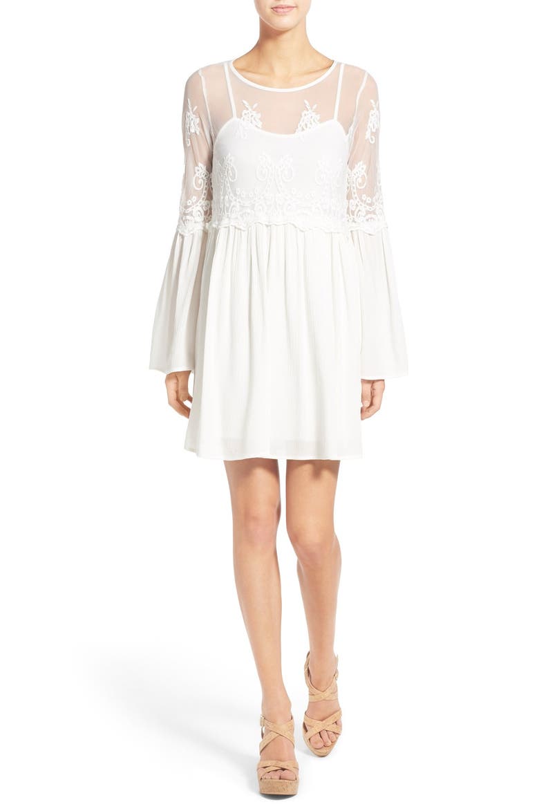Long Sleeve Illusion Lace Shift Dress, Main, color, OFF WHITE