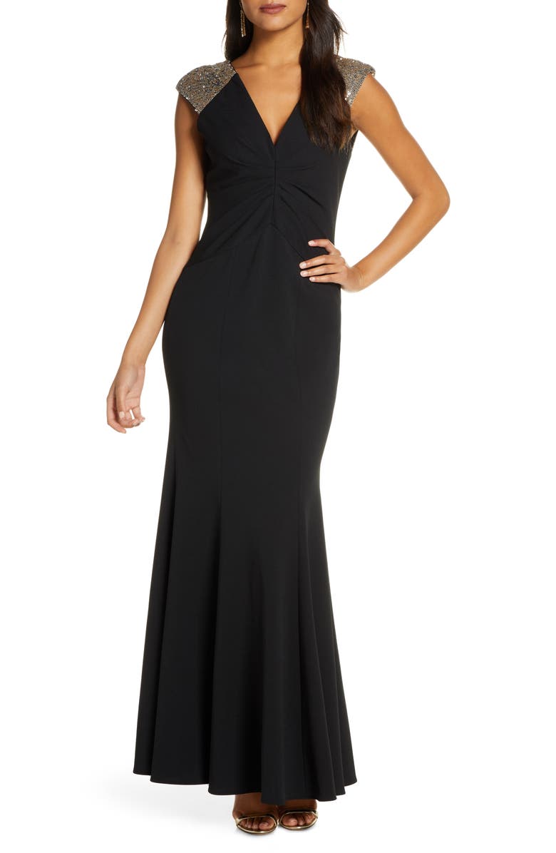 Vince Camuto Sequin Yoke Scuba Crepe Trumpet Gown, Main, color, 