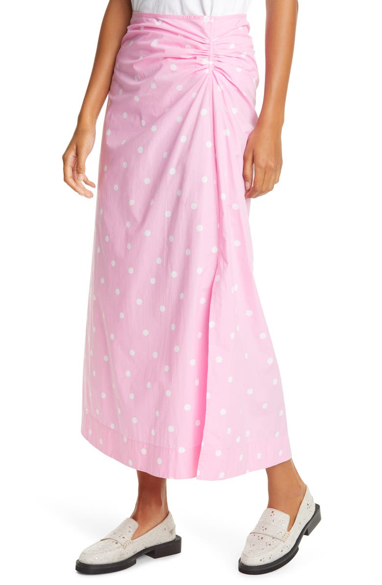 Ganni Polka Dot Print Organic Cotton Midi Skirt, Alternate, color,