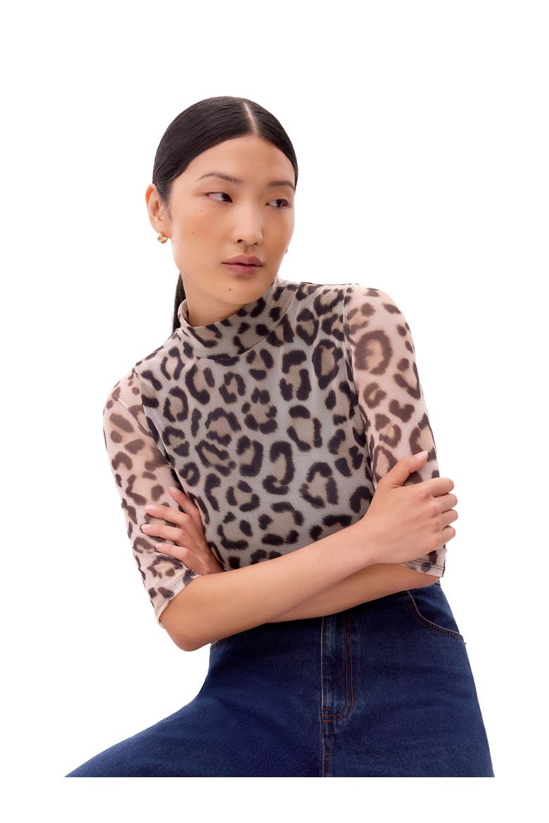 Long Sleeve Print Mesh Top, Alternate, color, Brown