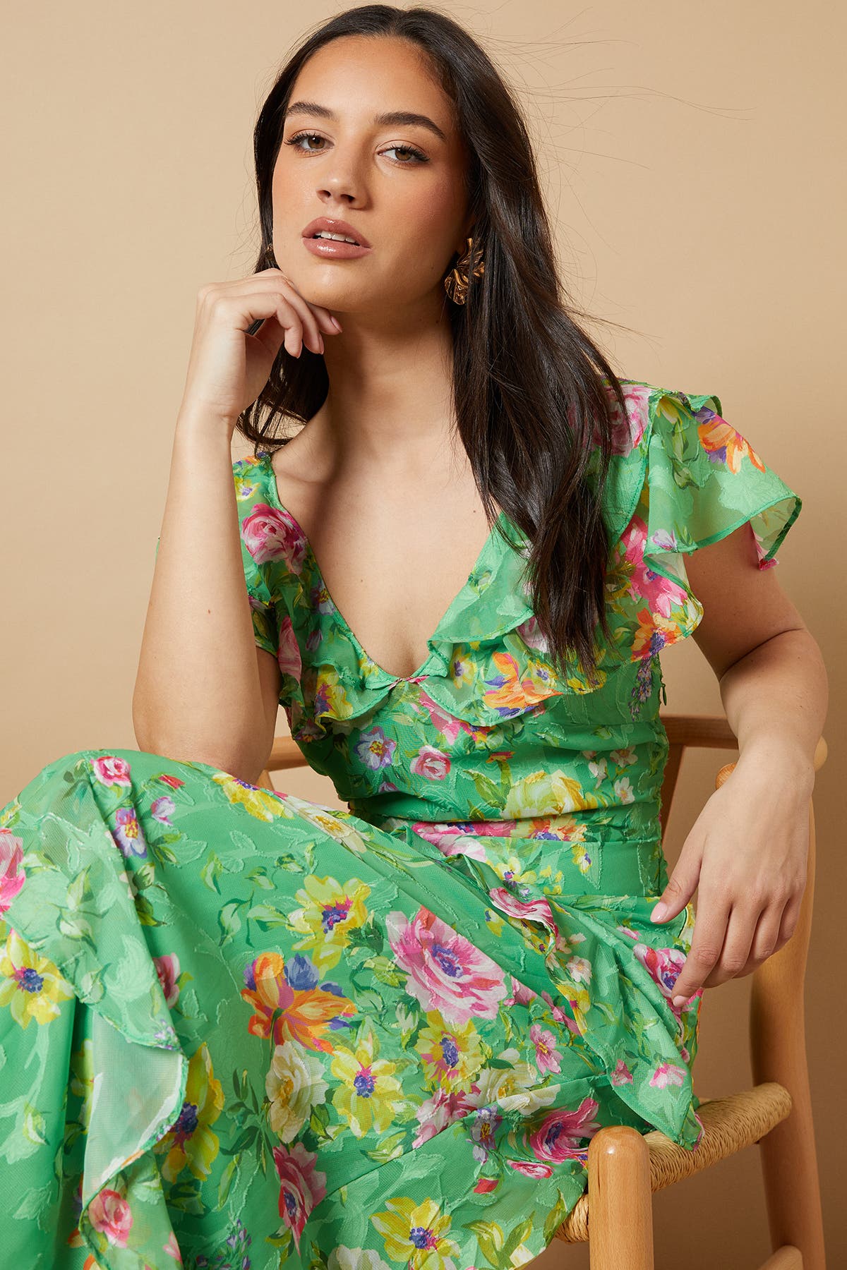 Ruffle Sleeve Jacquard Midi Dress - image 2
