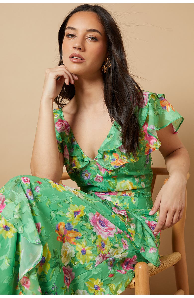 Oasis Ruffle Sleeve Jacquard Midi Dress, Alternate, color, Green