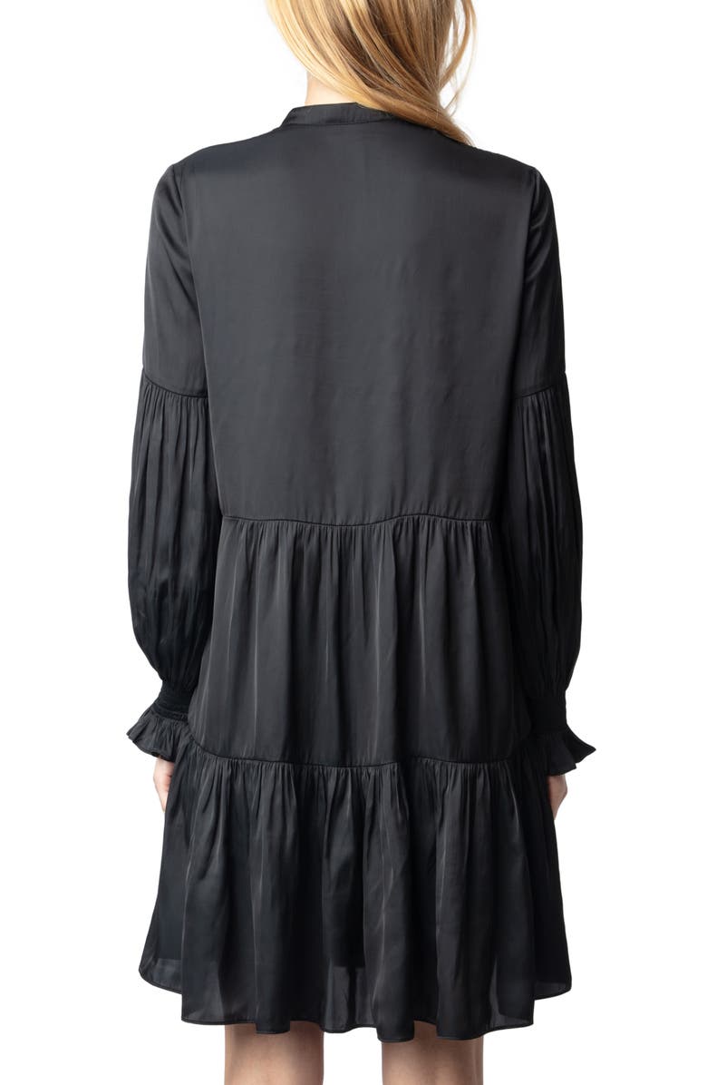 Zadig & Voltaire Randy Long Sleeve Tiered Satin Dress, Alternate, color, Black