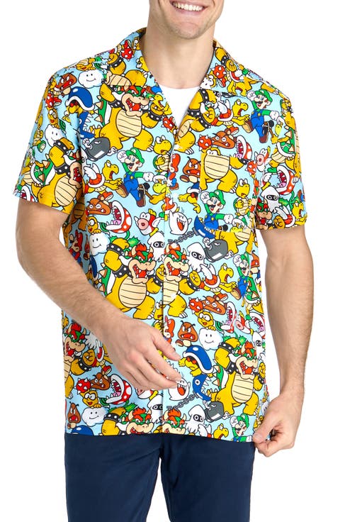 Relaxed Fit Bowser's Kindom Print Camp Shirt