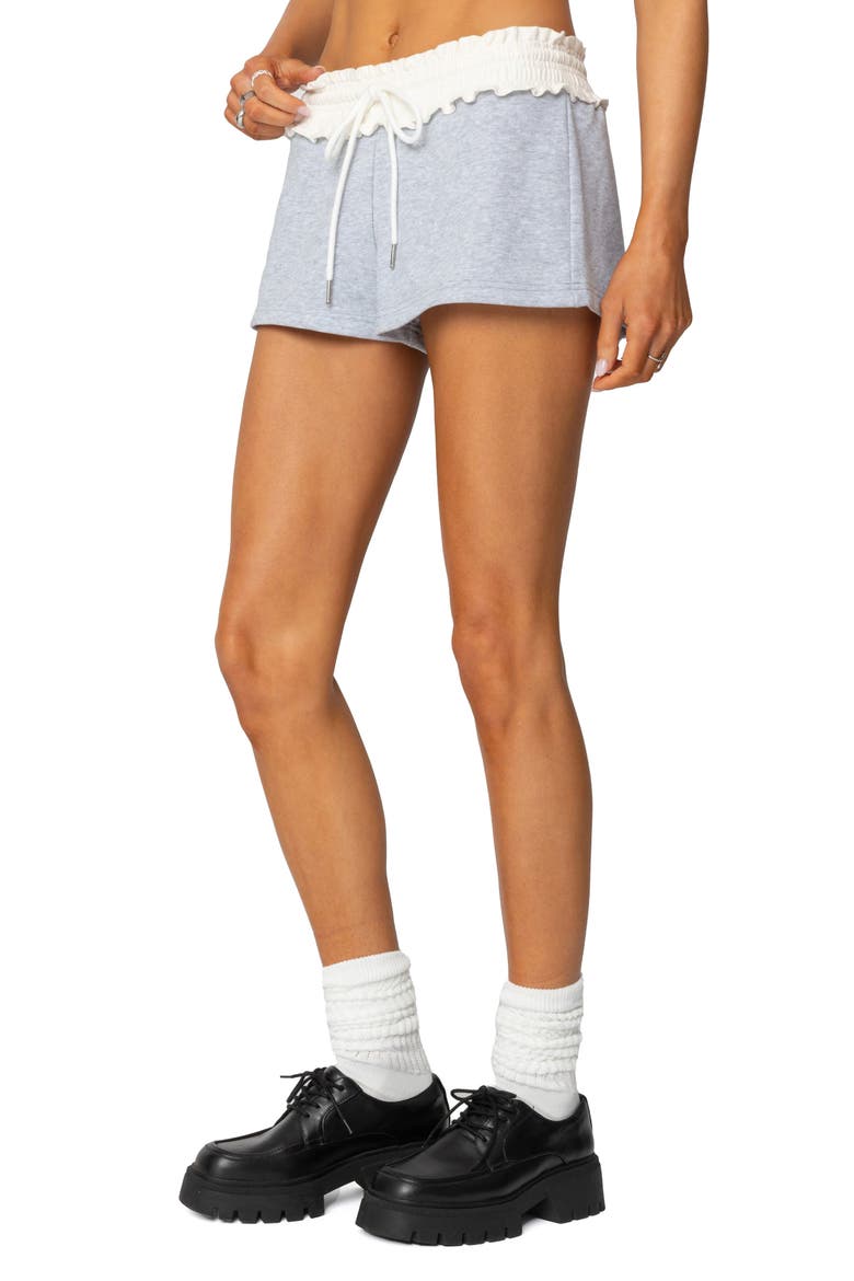 Isolde Ruffle Waist Drawstring Sweat Shorts, Alternate, color, GRAY-MELANGE