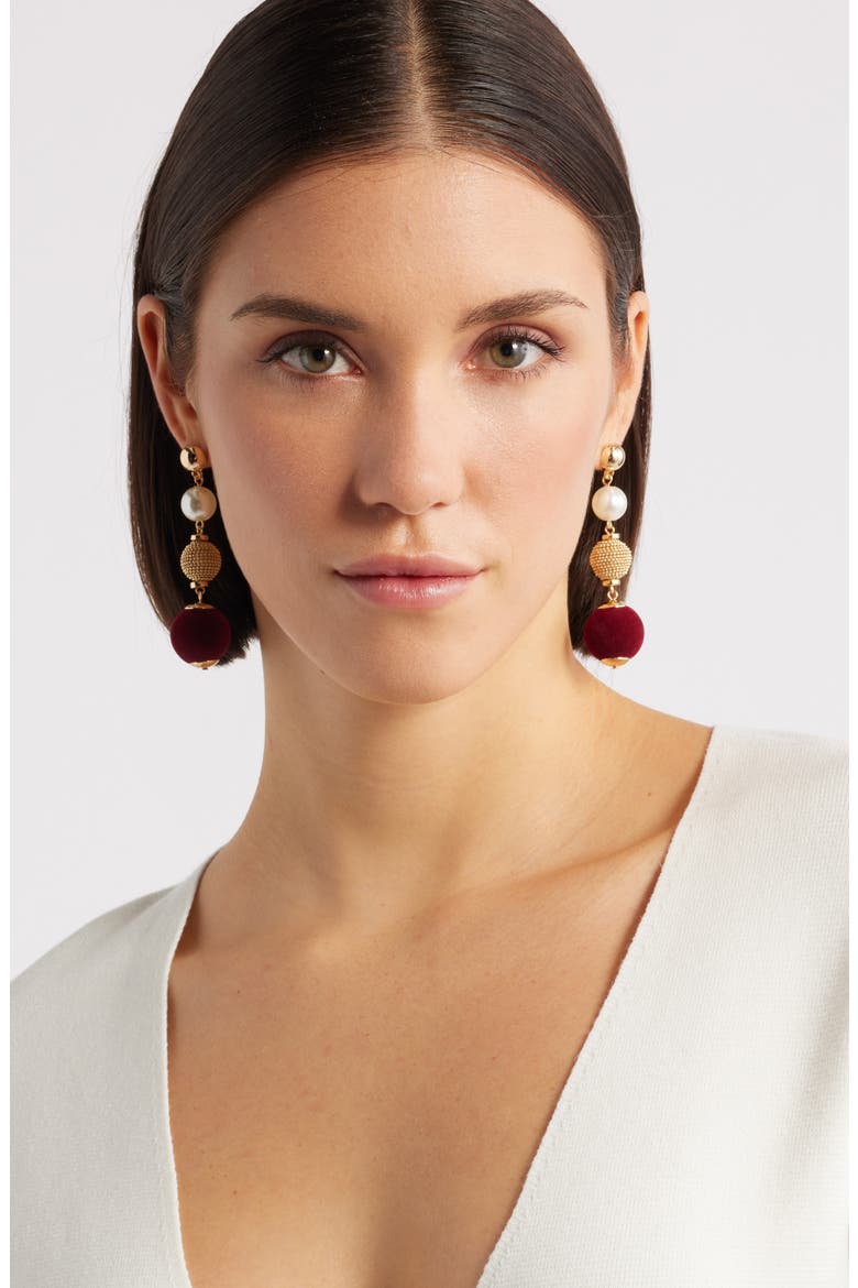 Orb Velvet & Faux Pearl Drop Earrings, Alternate, color, BURGUNDY- GOLD