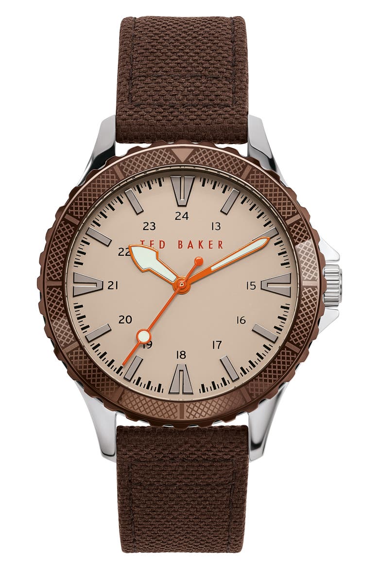 Regent Nylon Strap Watch, 43mm, Main, color, BROWN/ CREAM/ SILVER