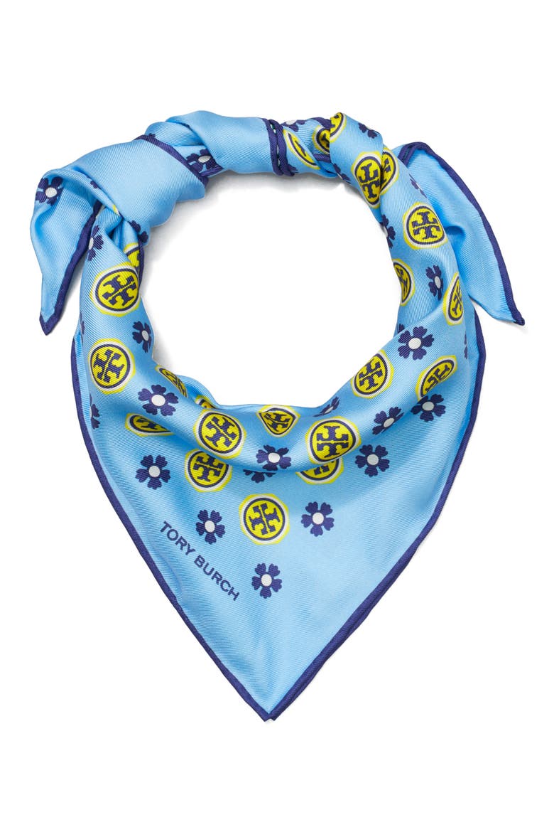 Silk Triangle Scarf, Main, color, BLUE FLORAL MONOGRAM