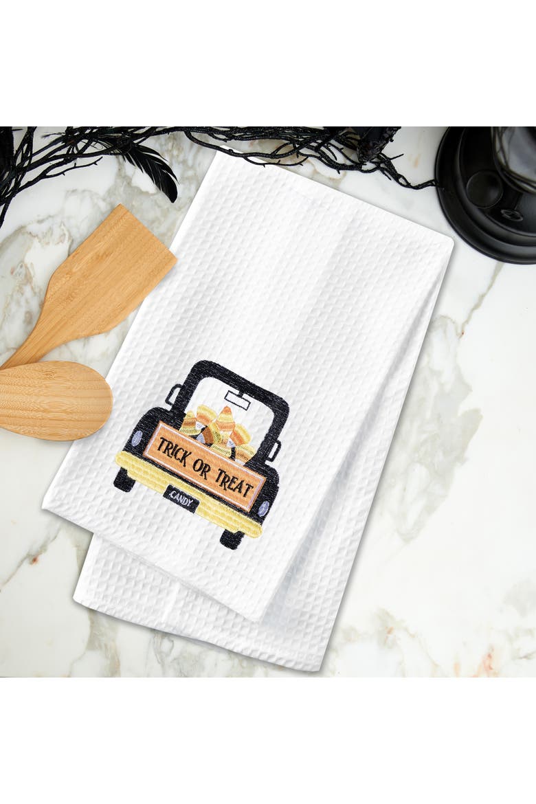 Trick or Treat Candy Corn Truck Halloween Embroidered Cotton Waffle Weave Kitchen Towel, Alternate, color, Orange