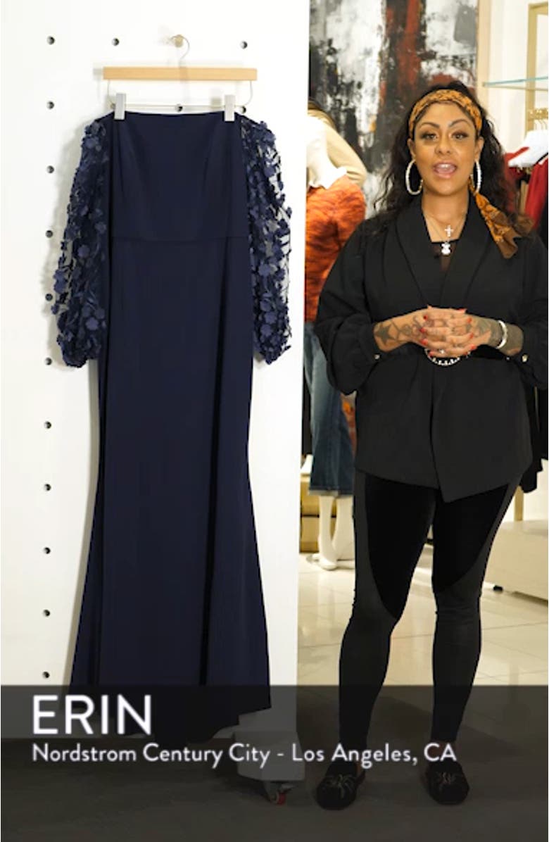 Off the Shoulder 3D Floral Sleeve Scuba Crepe Evening Dress, sales video thumbnail