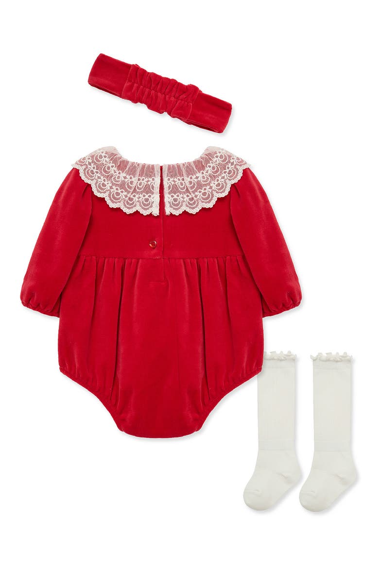 Kids' Lace Bubble Romper, Headband & Socks Set, Alternate, color, RED