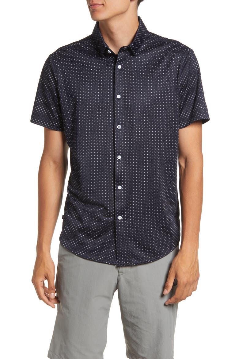 Men's Halyard Trim Fit Dot Print Short Sleeve Performance Button-Up Shirt, Main, color, NAVY DOT PRINT