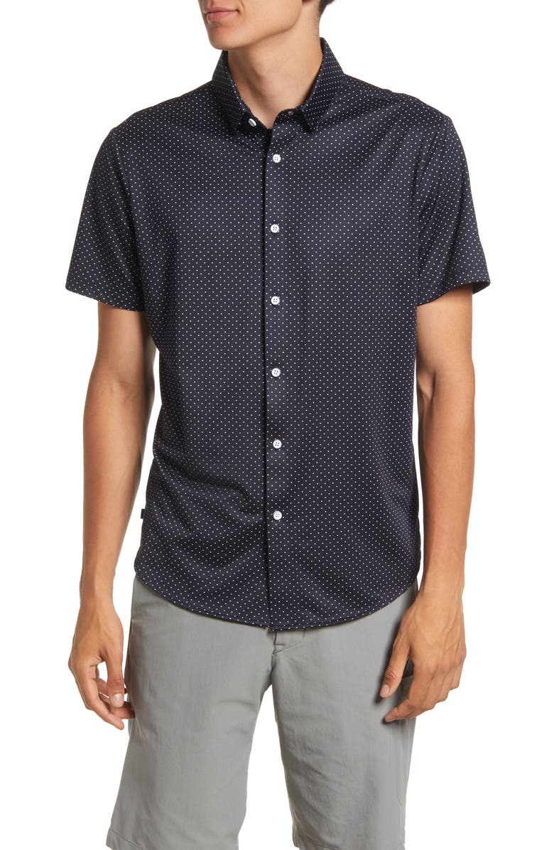 Mizzen+Main Men
s Halyard Trim Fit Dot Print Short Sleeve Performance Button-Up Shirt, Main, color, Navy Dot Print