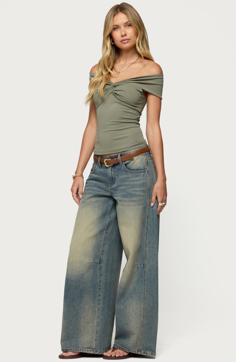 EDIKTED Twist Front Off the Shoulder Top, Alternate, color, Olive