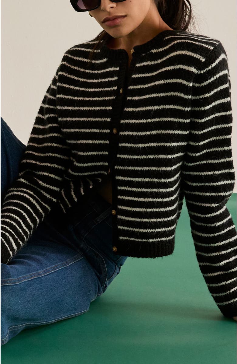 CRESCENT Crew Neck Striped Cardigan, Alternate, color, Black/Ivory